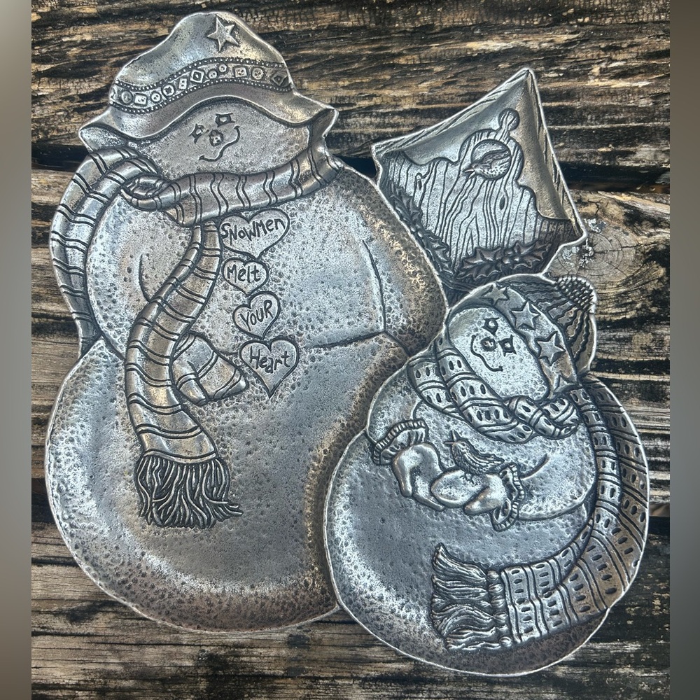 VINTAGE CARSON STATESMETAL SNOWMEN MELT YOUR HEART SECTIONED PEWTER PLATE USA C8